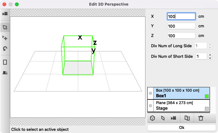 Image. 3D Perspective edit dialog – Use mouse to construct the 3D space.Initially, “Stage” and “Box1” objects are placed in the space. You can select the active object by clicking on it from the 3D view. You can also choose from the list on the right.